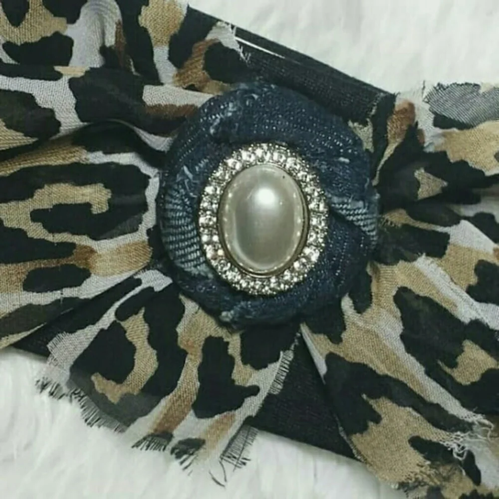 Tasty Raw Edge Leopard Denim Rose Bling Headband